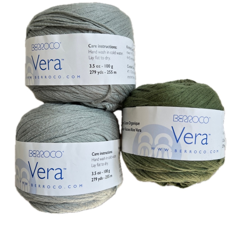 3 Balls Berroco Vera Cotton Viscose Blend Yarn 100 g ea Colour Green 11516 11506